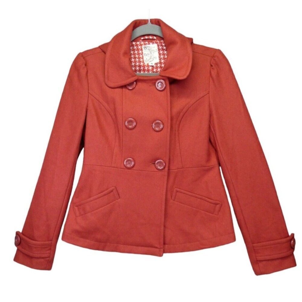 Anthropologie Tulle Pea Coat Jacket‎ Size S Wool Blend Removable Hood Orange
